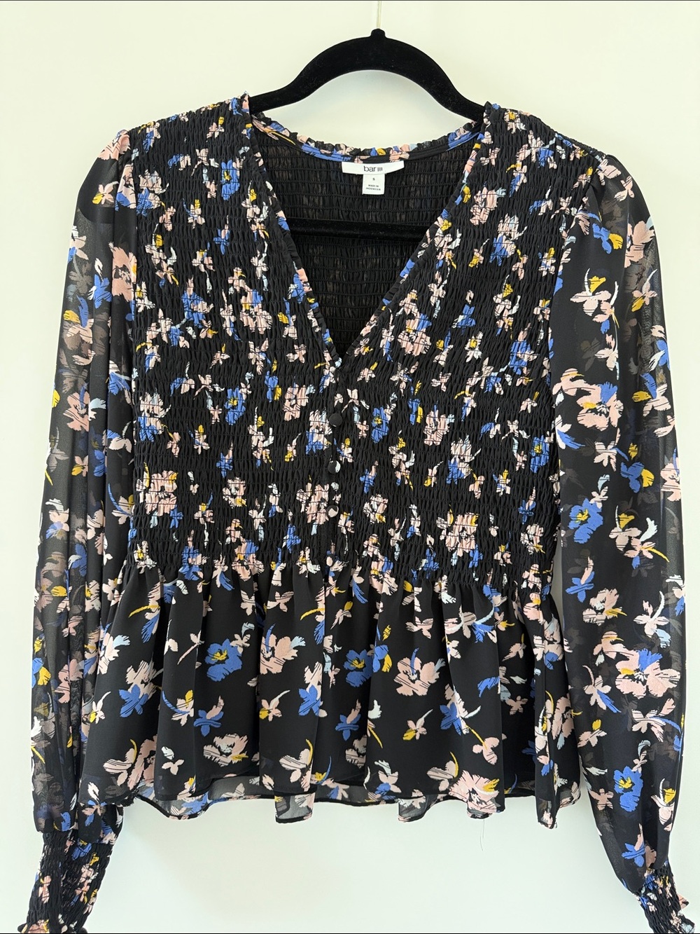 Bar III Black Floral Smocked V-Neck Blouse with Blue and Blush Accents